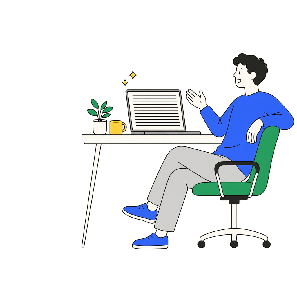 A person leaning back at their desk, talking to a laptop with a full page of finished writing on screen.