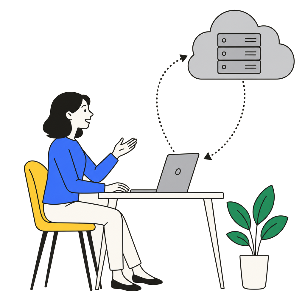 A woman dictates to her laptop; her voice travels up to a cloud server and her words are sent back down.