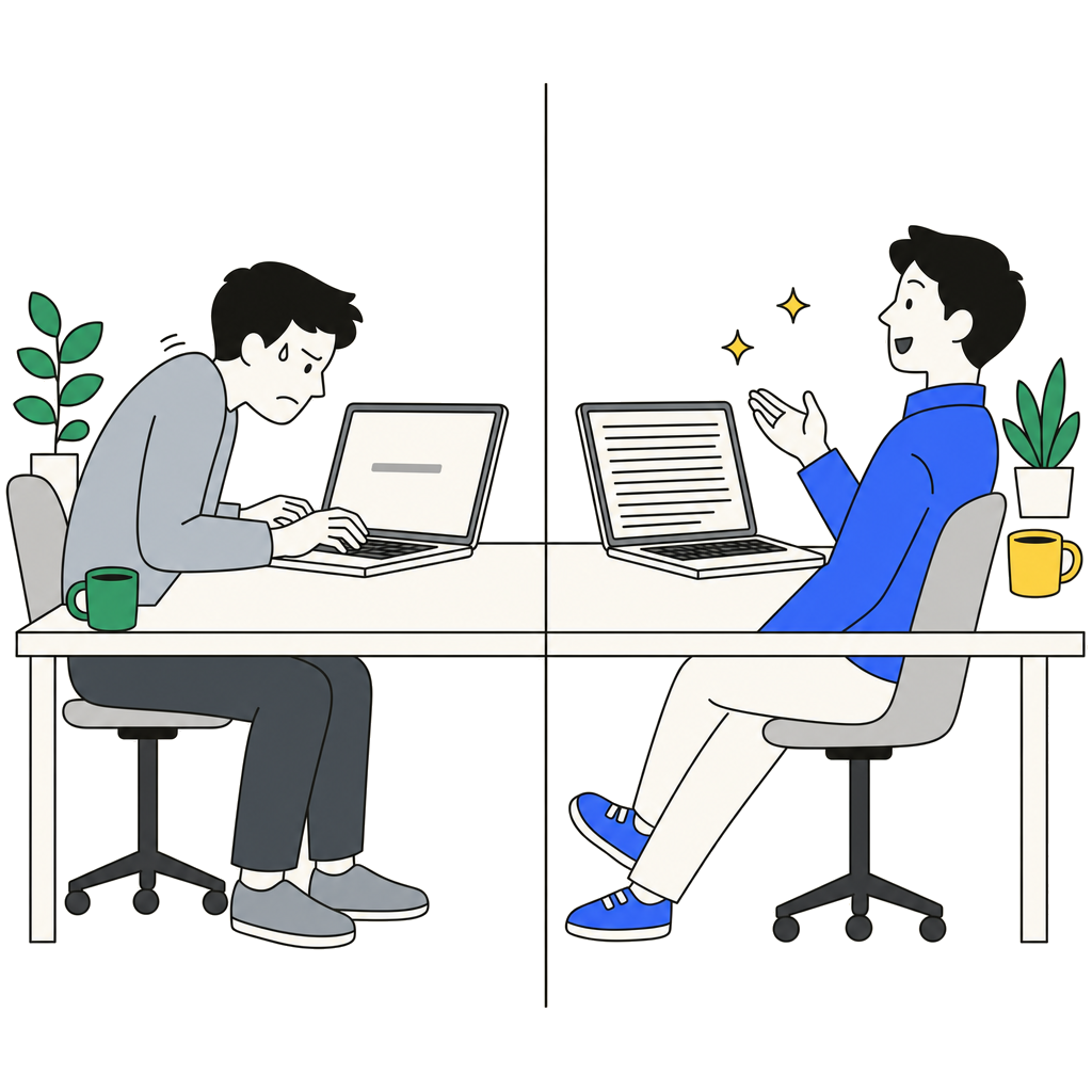 Two people at identical desks: one typing hard with barely a line written, one leaning back talking with a full page done.
